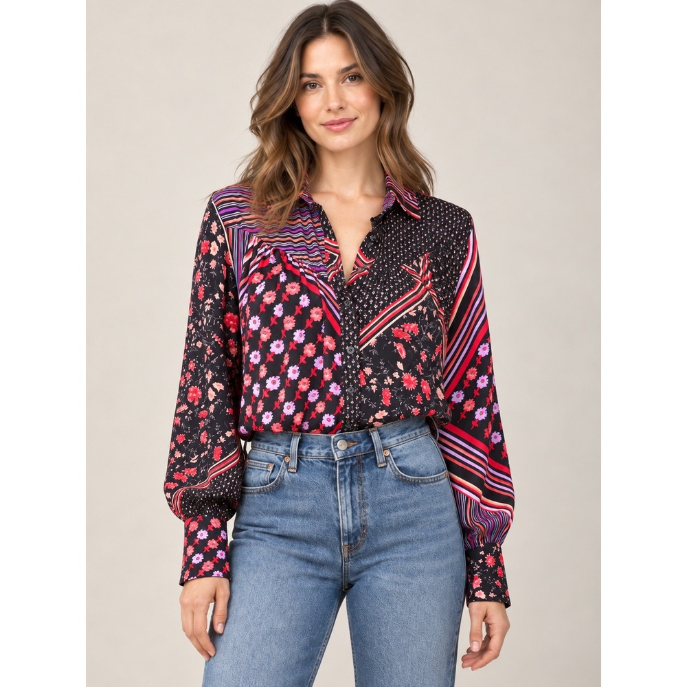 Free People Hazel Patchwork Shirt In Black Combo M Retro Boho Eclectic Artsy